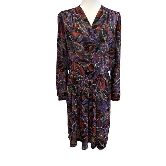 VTG L John Roberts Floral Faux Wrap Dress Long Sleeve V-Neck Purple Red Black‎ - Picture 1 of 13